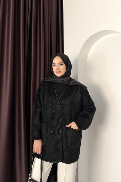 Deri Biyeli Hırka Siyah