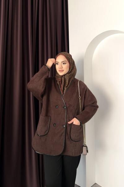 Deri Biyeli Hırka Kahverengi