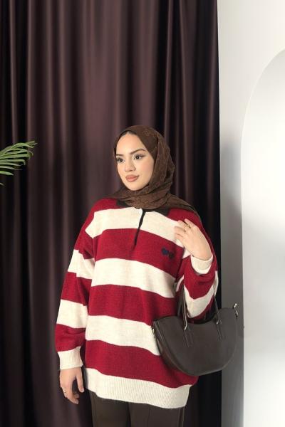 Çizgili Triko Kazak Kırmızı