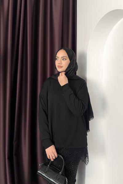 Dantel Detay Triko Siyah