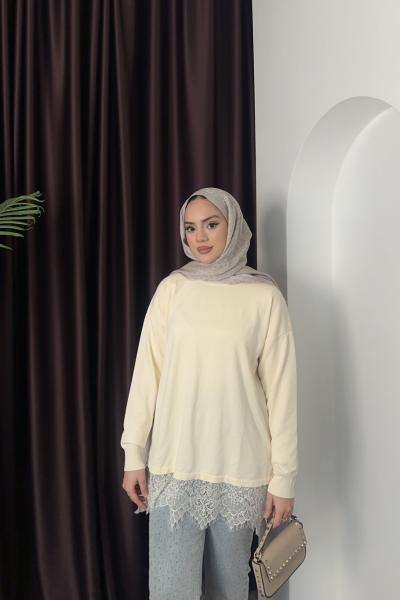 Dantel Detay Triko Krem