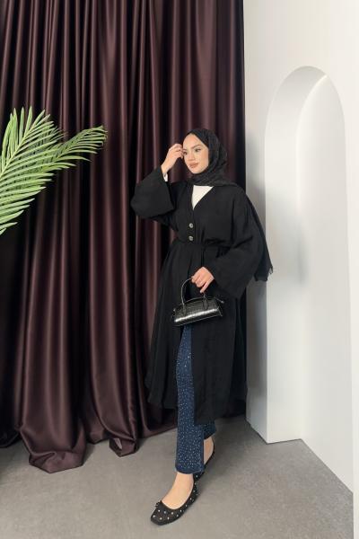 Düğme Detay Kimono Siyah