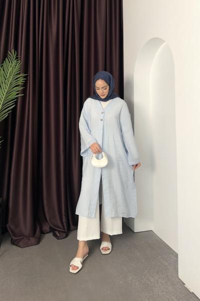 Düğme Detay Kimono Bebe Mavisi