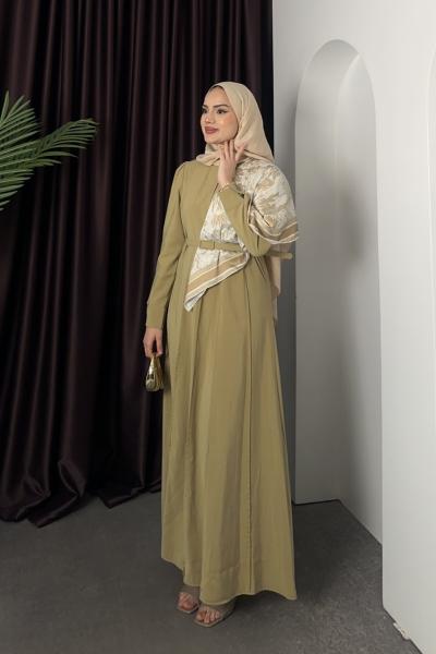 Fularlı Flora Elbise Yağ Yeşili