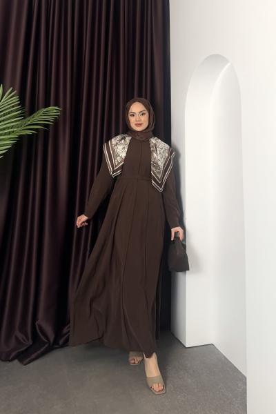 Fularlı Flora Elbise Kahverengi