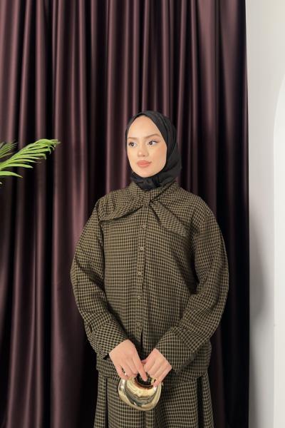 Fularlı Pötikare Gömlek Siyah Kahverengi