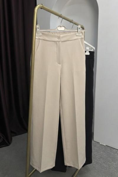 Krep Düz Kesim Pantolon  Krem
