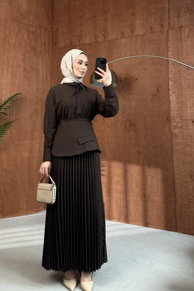 Vakar Aksesuarlı Elbise Kahverengi