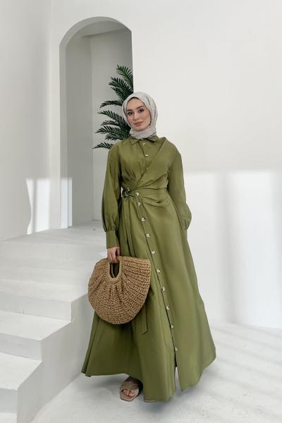 Çapraz Düğmel Elbise Fıstık Yeşili