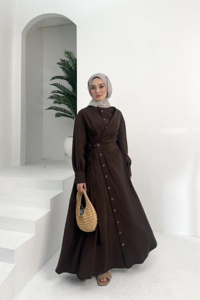 Çapraz Düğmel Elbise Kahverengi