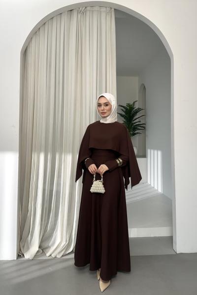 Pelerin Yaka Elbise Kahverengi