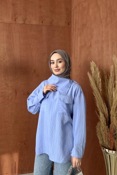 Yakası Düğmeli Gömlek Mavi