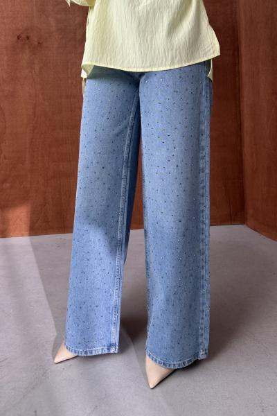 Taşlı Wide Leg Jean Açık Mavi