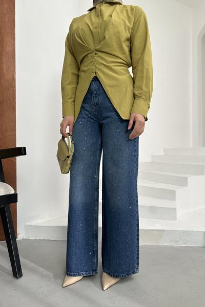 Işıltılı Wide Leg Jean Mavi