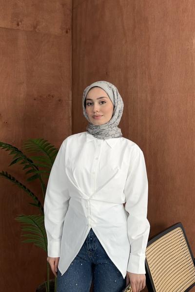 Belden Oturtmalı Gömlek Beyaz